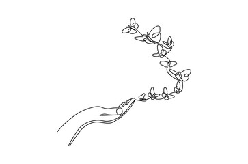 Continuous one line drawing of Hand with butterflies. Single line drawing illustration of Many beautiful butterflies. Thousand butterfly concept vector art. Doodle line illustration.