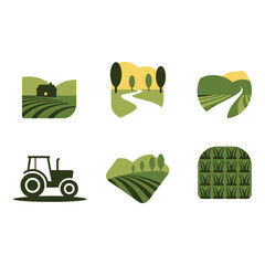 Collection of Flat Icons Depicting Rural Landscapes and Farming