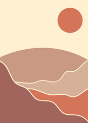 Boho aesthetic mountain wall decoration. Scandinavian mid century mountain landscape. Vector isolated.