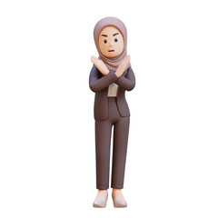3D business muslim woman character crossing hand showing stop refusal sign
