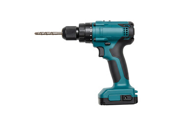 Teal and Black Cordless Drill with Spiral Bit Angled View