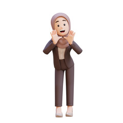 3D business muslim woman character reclines on her hands and shouting