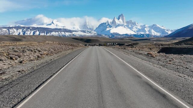 Ruta 40 In El Chalten Santa Cruz Argentina. Highway Interchange Crossing City With Traffic Jam. Snowing Lake Glacial Frozen. Glacial. El Chalten Santa Cruz.
