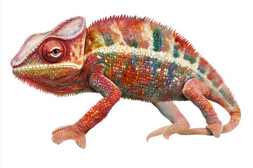 Obraz premium Isolated on a white background, a colorful green chameleon, a fascinating reptile, exhibits its unique scales and captivating eye in a close-up, wild, and exotic macro shot