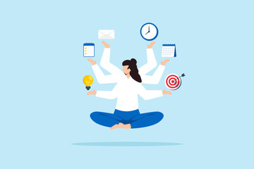 Flat illustration of multitasking businesswoman with six arms floating and handling ideas tasks emails goals time and planning in perfect balance
