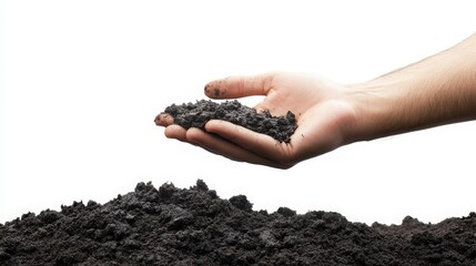 Hand Holding Soil Against White Background