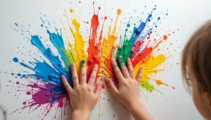 Children's Hands Painted with Colorful Patterns.