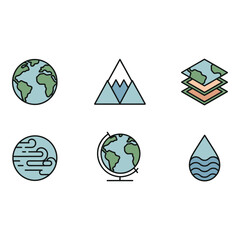 Obraz premium Flat Icons of Earth Mountains Layers Globe and Water