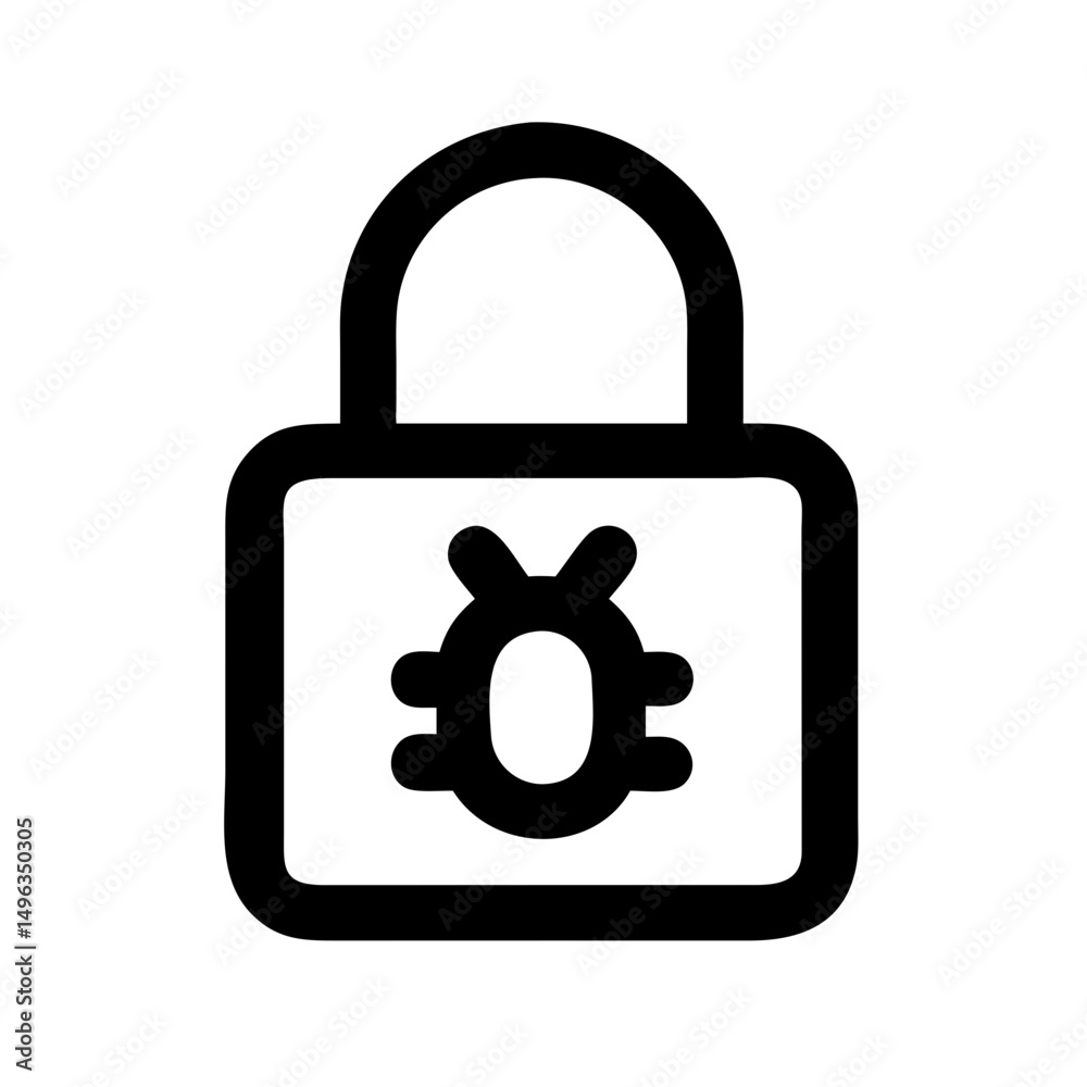 Poster black outline icon showing a padlock with a smaller bug-shaped lock attached. could be used for cybe
