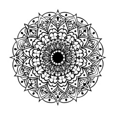 A black and white outline of a floral mandala design. Suitable for coloring pages, meditation-themed blogs, or decorative patterns.