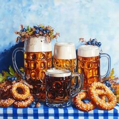 Still life of beer steins and pretzels.