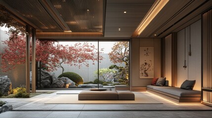 Fototapeta premium Serene interior design featuring minimalist furniture, a calming neutral color palette, and a zen garden view through large windows