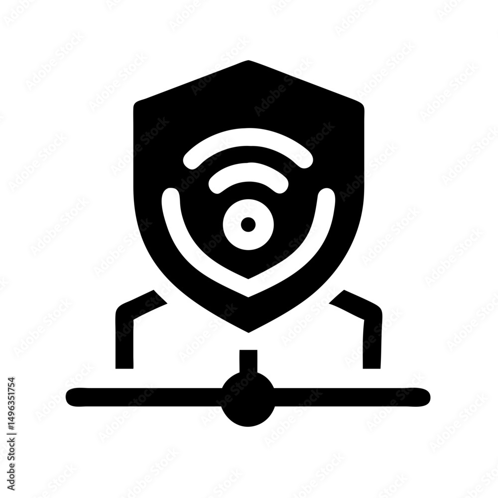 Aufkleber shield containing a wifi symbol, connected to a central node with lines extending outwards, represen