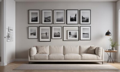 Minimalist living room, empty black frames on gallery wall,  home,  grey,  coffee table