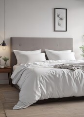 King-size bed, white linens, minimalist Scandinavian bedroom ,  bedroom interior,  white interior,  design