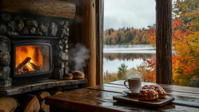 Lakeside Cabin Interior with Fireplace