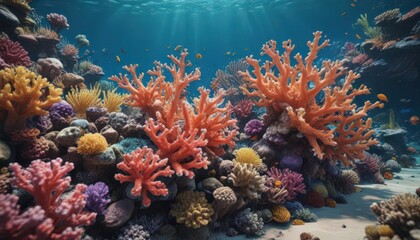 Naklejka premium Close-up vibrant coral reef teeming with life, water, reefs