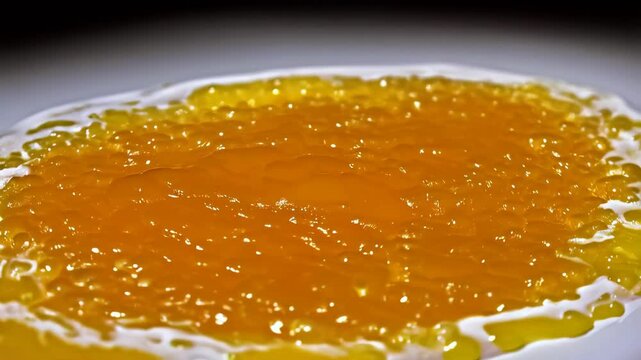Close up studio shot of a fried egg with runny yolk on a white plate, capturing the texture and glossy appearance of the cooked egg