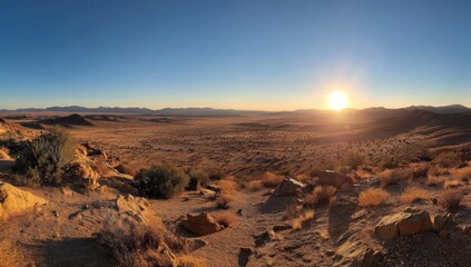 Fototapeta premium Vast Desert Landscape at Sunset: Golden Hour Panorama