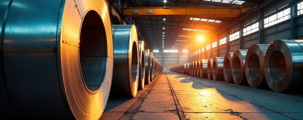 Large steel coils stacked high in an outdoor storage yard, reflecting sunlight Heavy industry, metal production, material storage, manufacturing , sunlight, industrial supplies