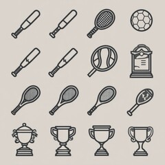 Set of outlined icons featuring sports equipment, trophies, and awards, including bats, balls, rackets, and cups, representing various athletic activities and achievements.