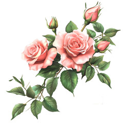 Pink roses and buds arrangement isolated on transparent background