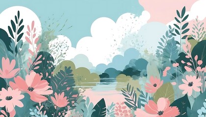 Serene landscape painting with pastel flowers and soft cloud formations