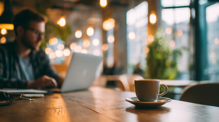 コーヒーとノートパソコンを前にカフェで作業する白人男性（自然光と観葉植物）