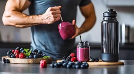 Man making berry smoothie kitchen.