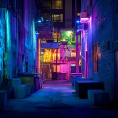 Fototapeta premium Vibrant Neon Lights Illuminate a City Alleyway at Night.