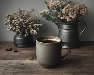 Rustic Coffee Cup with Dried Flowers – Cozy Mood