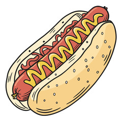 Delicious hot dog with mustard and ketchup, isolated on white