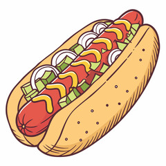 Delicious hot dog with mustard onions and relish isolated