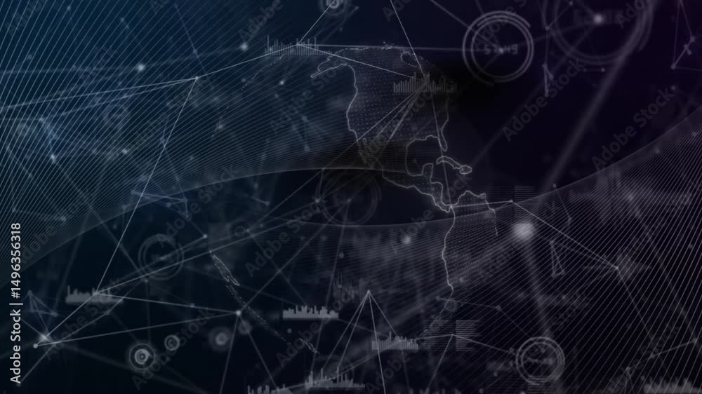 Poster starting from gridlines 3d mesh wave sweeping globe rotating while revealing data nodes and charts