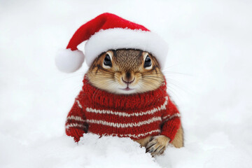Santa Claus with a red hat and white beard sits by a festive Christmas tree, surrounded by gifts and winter decorations, celebrating the happy holiday season