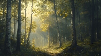 Obraz premium Sunlight filters through a misty forest.