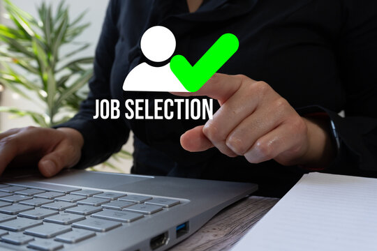 Businesswoman using a computer, with a person icon with a check mark and the phrase "Job Selection." Recruitment concept.