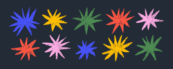 Collection of crayon drawn funky colorful stars. Fun kid star shapes. Childish drawing cosmic illustration. Set of doodle sparks and sparkles. Pencil or charcoal drawing childish vector elements. © Anastasiia Hevko