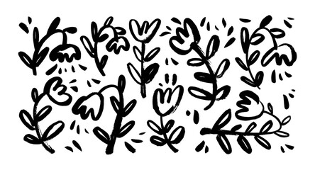 Collection of brush drawn naive meadow flowers. Doodle vector graphic flowers with stems.