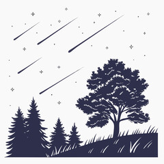 Night sky silhouette trees shooting stars landscape