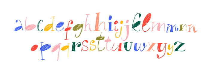 Colorful funky retro serif font drawn by crayon or pencil. Hand drawn childish alphabet letters with scribbled texture. © Anastasiia Hevko