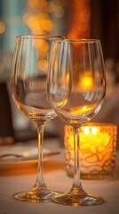 Obraz premium Elegant dinner table with wine glasses and candles, a romantic evening for two