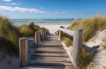 Wooden Walkway Leading to Sandy Beach and Ocean
