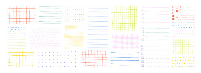 Various colorful childish grids and lines patterns for paper sheets, notes and stickers. Hand drawn textures for bullet journal pages. Crayon drawn checklist templates. Vector doodle school math sheet