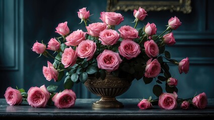 Obraz premium A stunning arrangement of fresh pink roses displayed in an elegant vase.