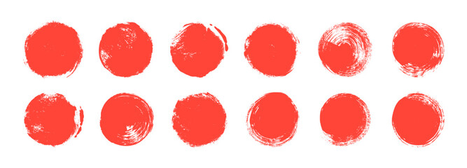 Collection of red grunge circles and dots. Japanese and chinese calligraphy round shapes.