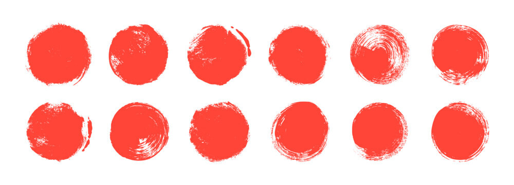 Collection of red grunge circles and dots. Japanese and chinese calligraphy round shapes.