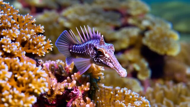 Exotic ornate ghost pipefish swims among colorful corals in ocean reef environment, showcasing vibrant marine wildlife