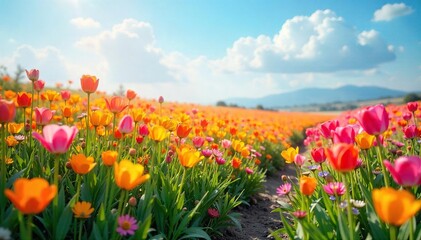 A vibrant field of flowers bursts into bloom, representing the blossoming of recognition and understanding  Nature's beauty symbolizes growth, clarity, and newfound awareness ,  bloom,  discovery