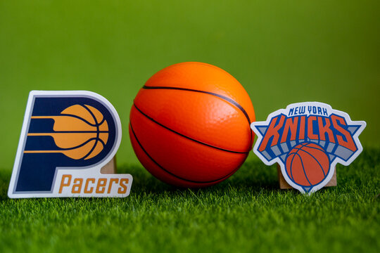May 20, 2025, United States. Emblems of basketball clubs participating in finals of Eastern Conference of National Basketball Association playoffs are New York Knicks and Indiana Pacers.